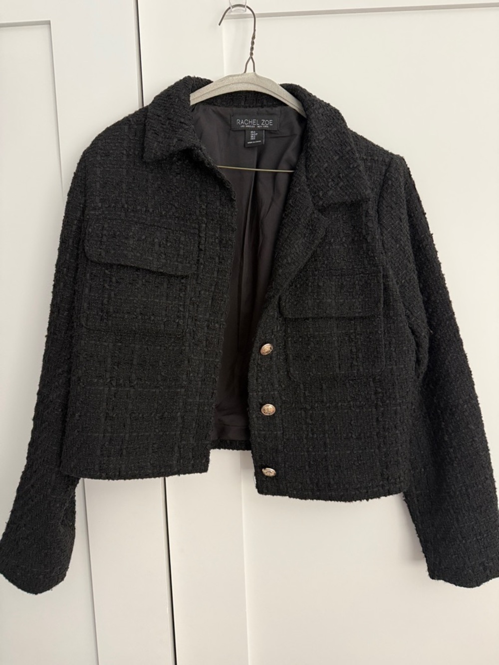 Rachel Zoe Black Tweed Cropped Blazer with Gold Buttons